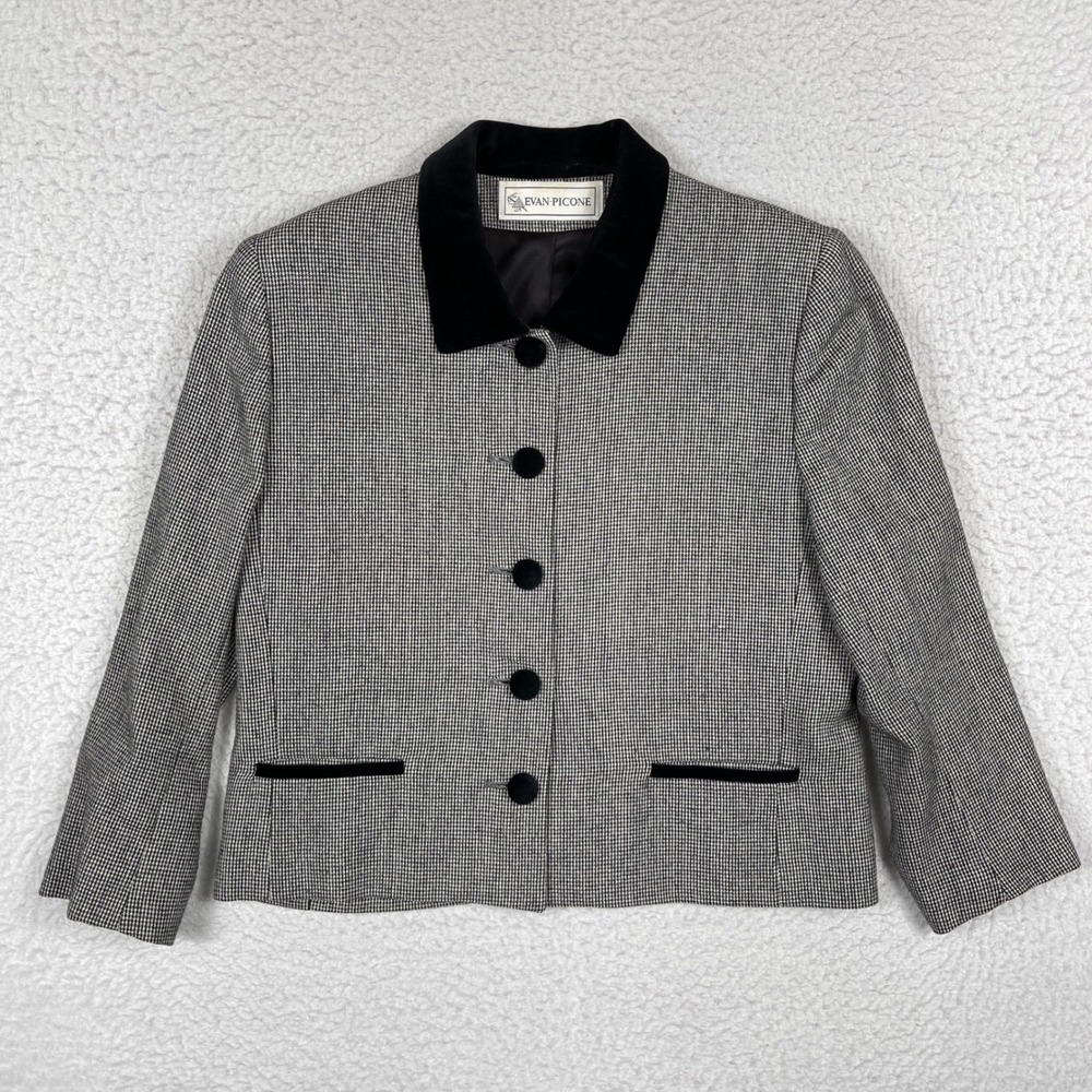 Evan Picone Blazer Womens 12 Black White Houndstooth Velvet Trim Vintage Jacket